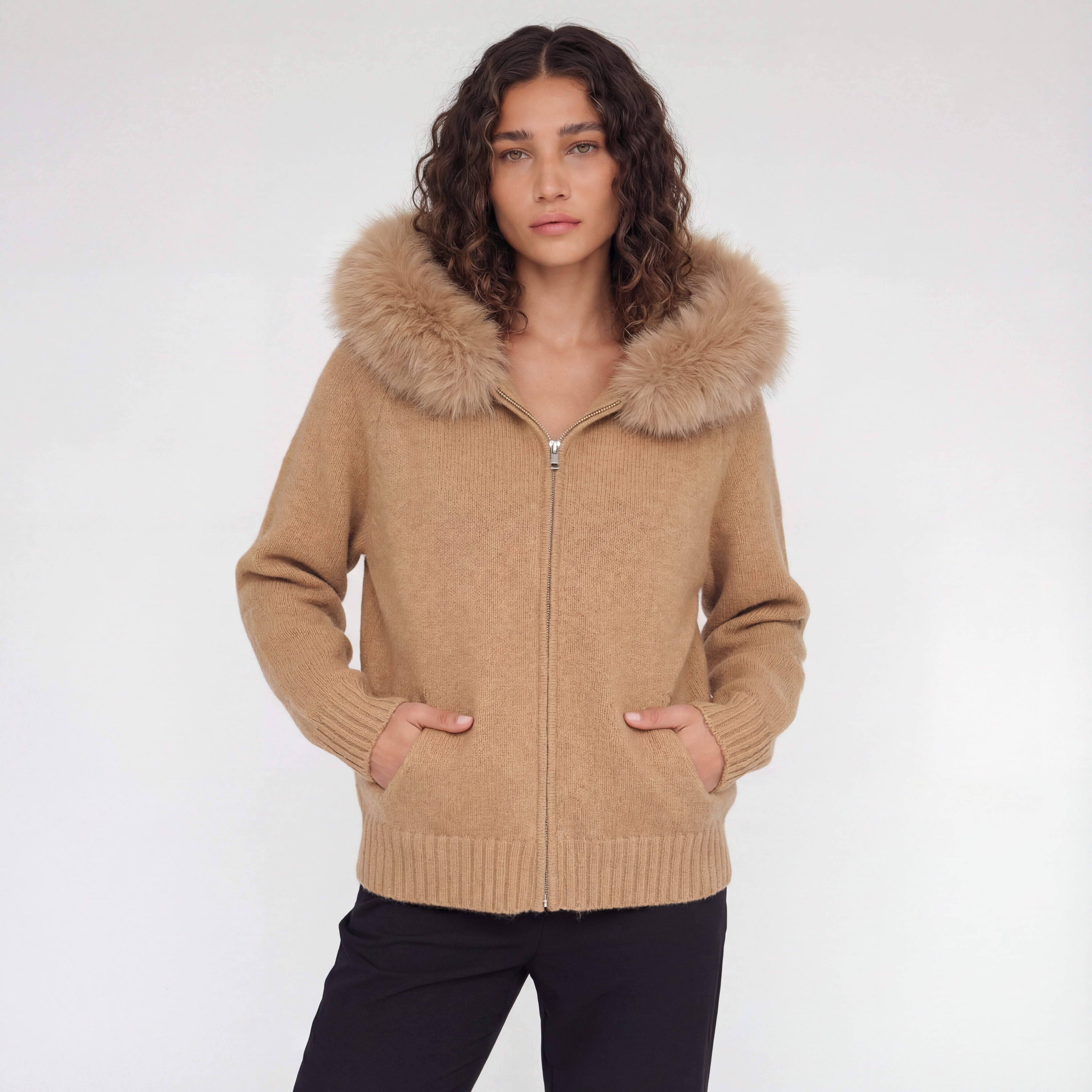 Capri Fur-Trim Hooded Jacket – Camel