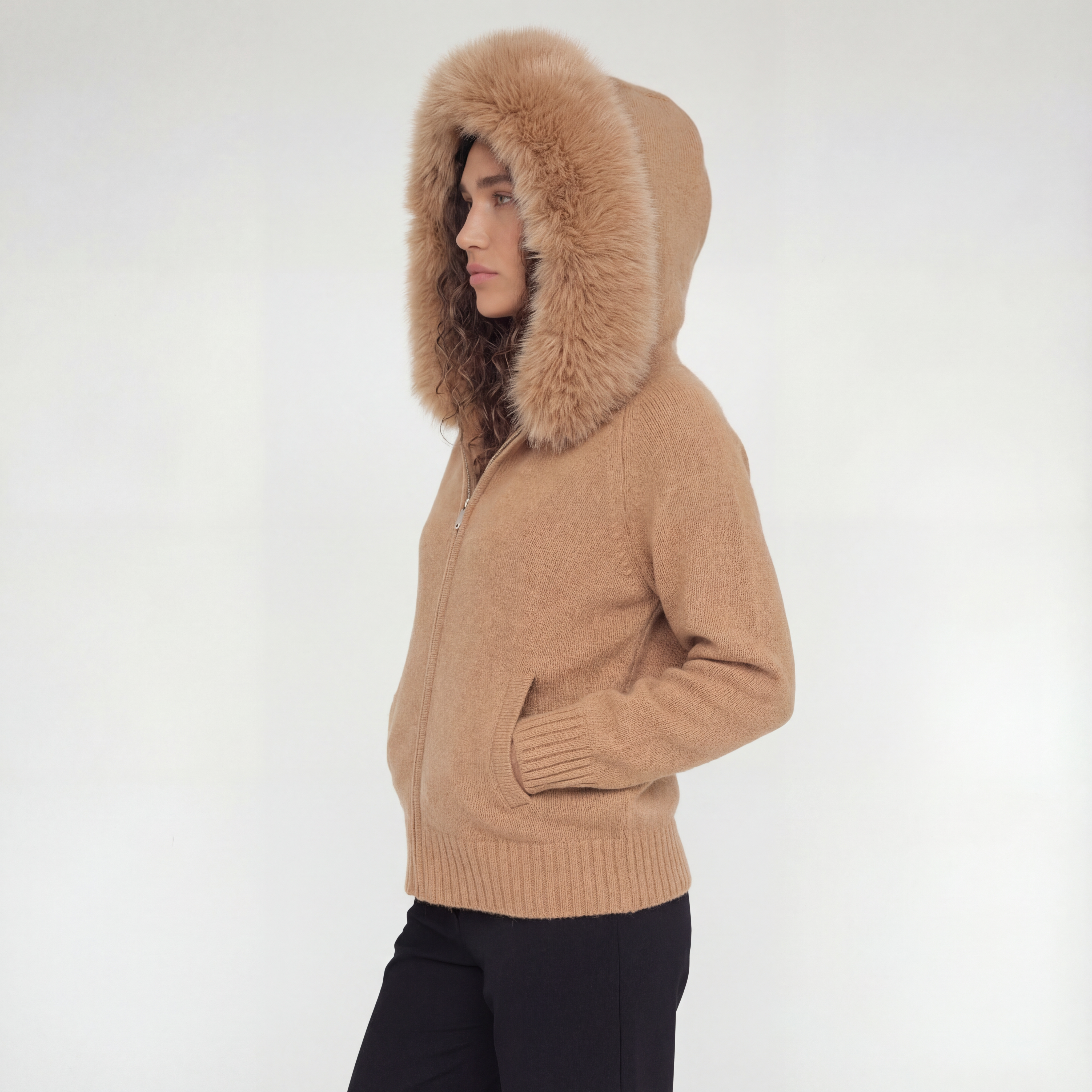 Capri Fur-Trim Hooded Jacket – Camel