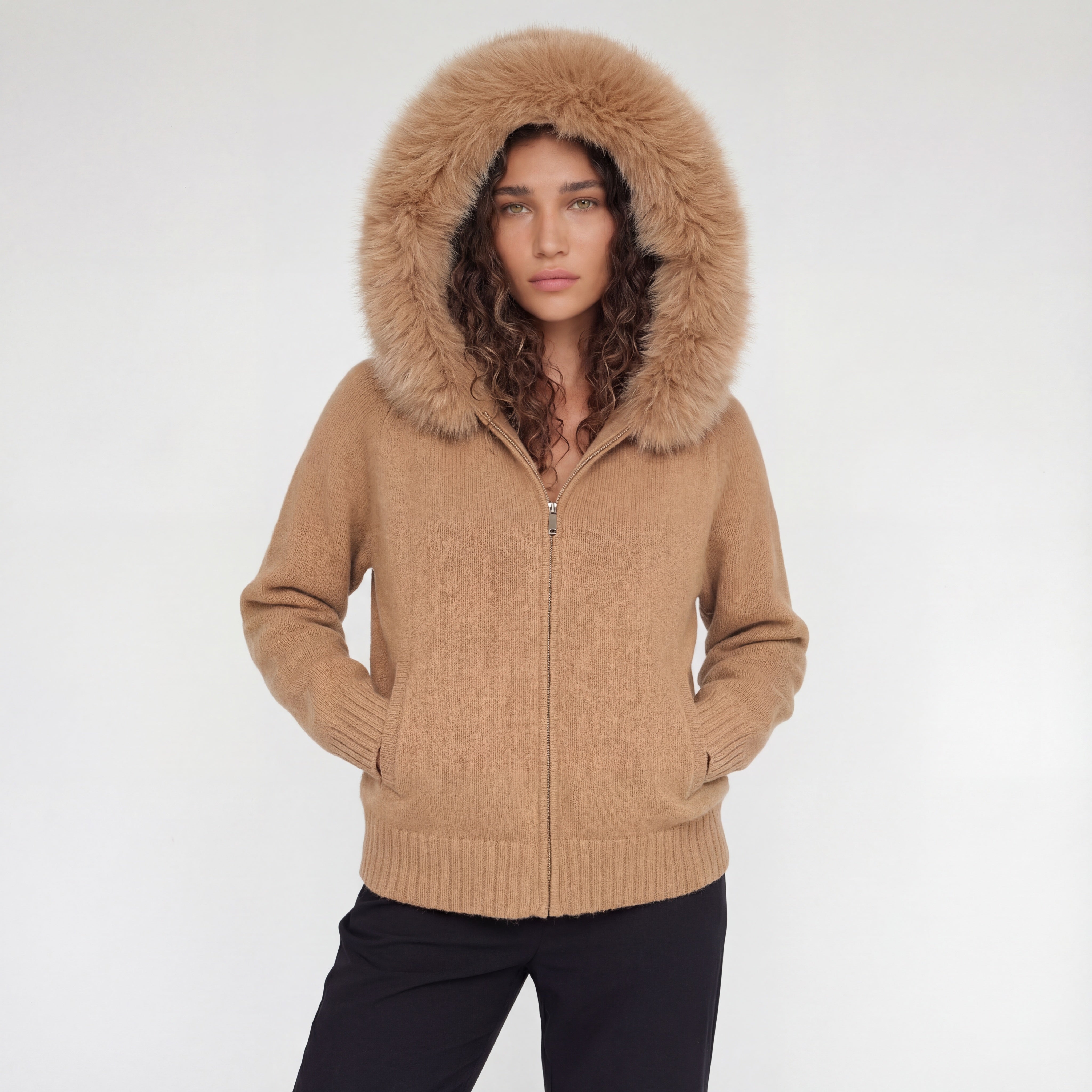 Capri Fur-Trim Hooded Jacket – Camel