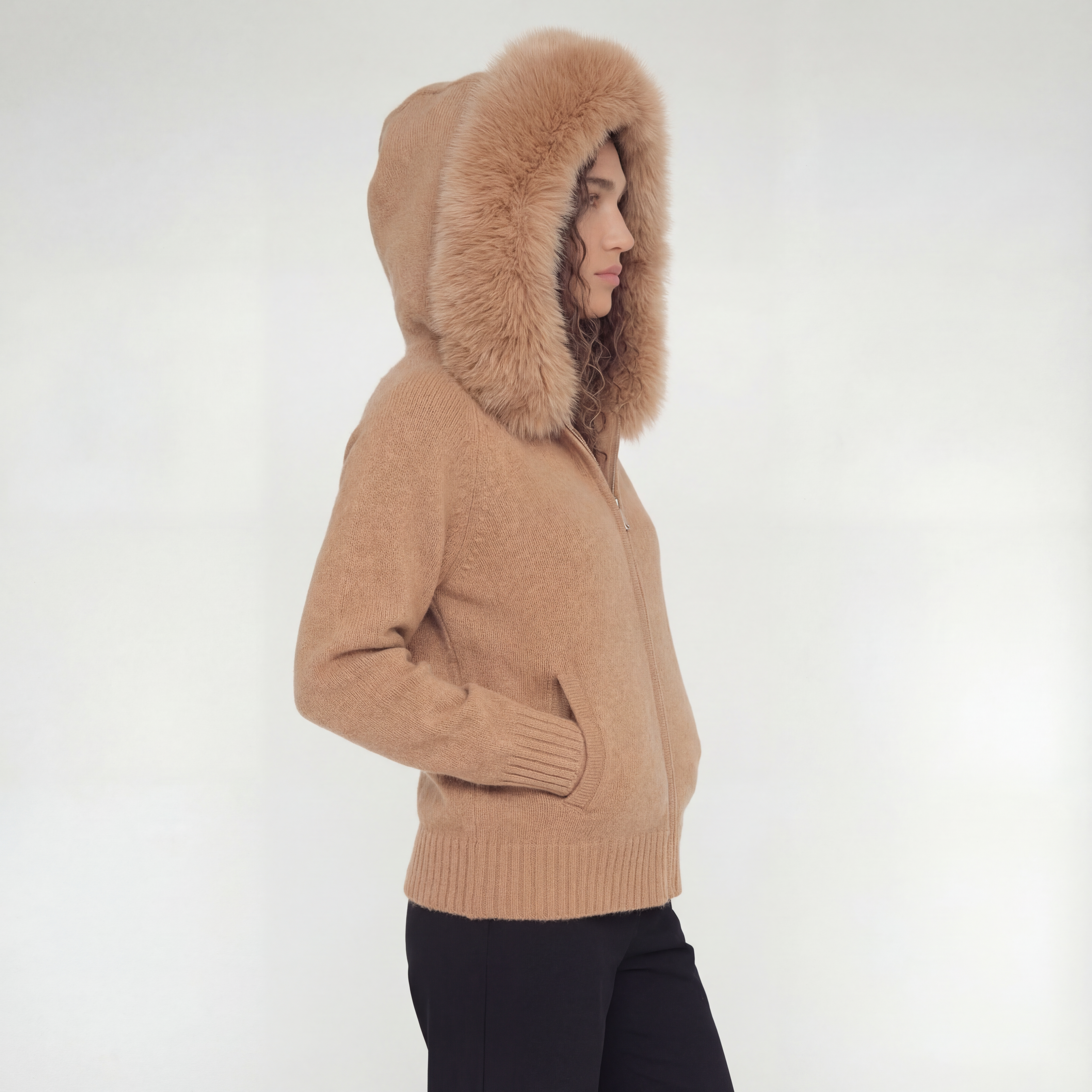 Capri Fur-Trim Hooded Jacket – Camel